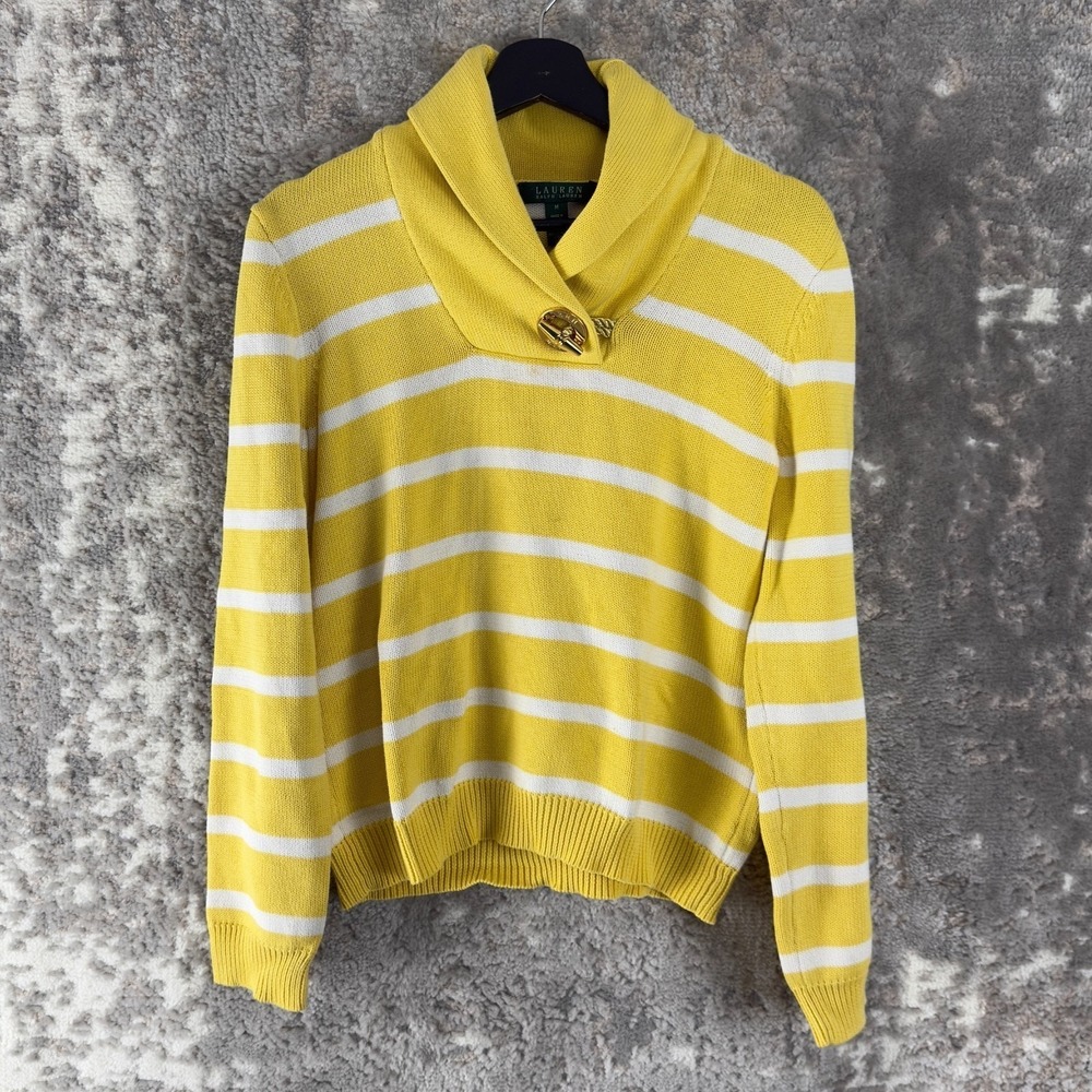 Lauren‎ Ralph Lauren Size M Shawl Collar Striped Sweater Yellow Outdoor